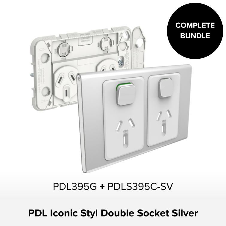 Bundle - PDL Iconic Styl, 2 switch & 2 socket, Horizontal, 10 A + Skin - Silver